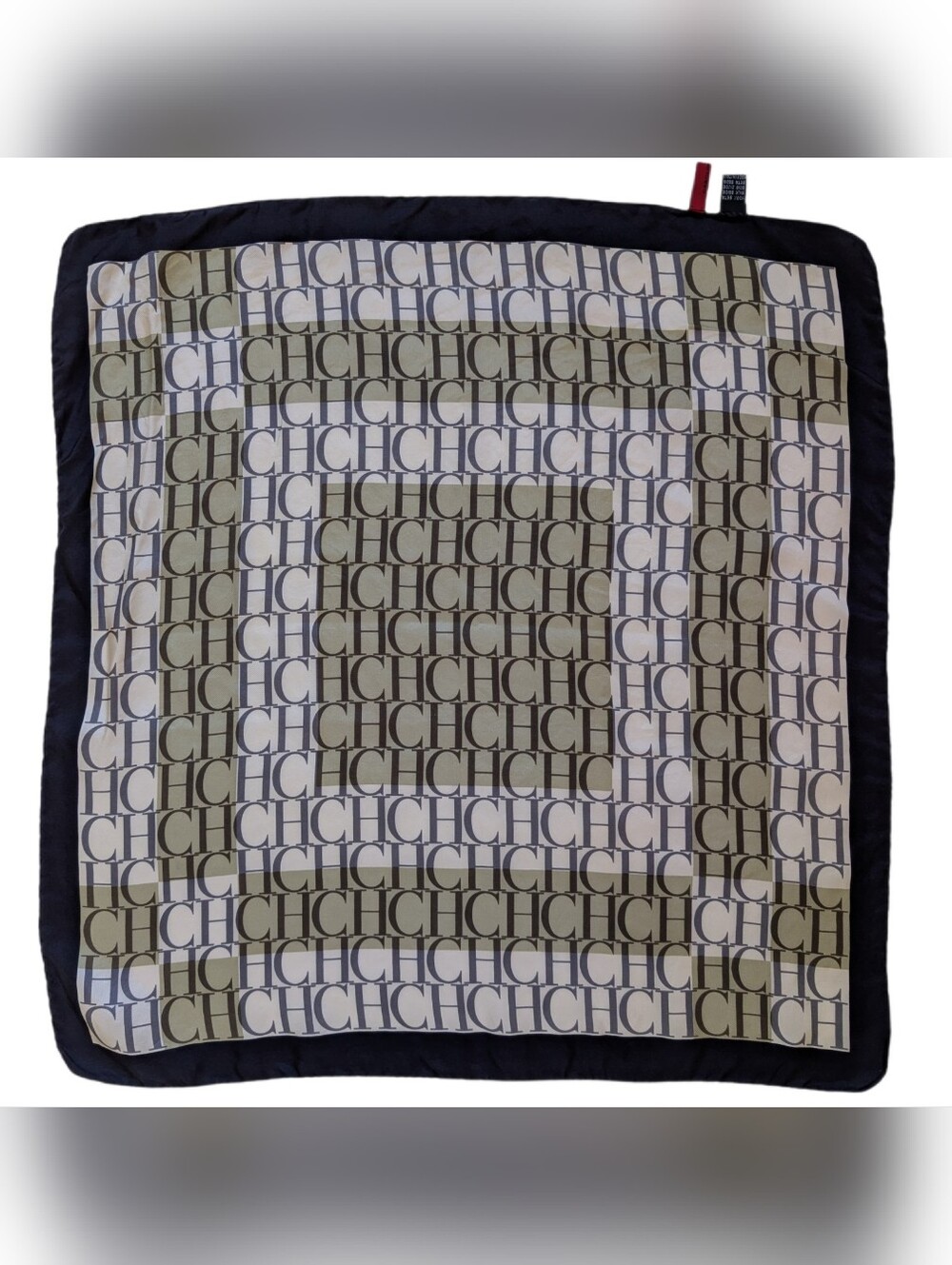 Carolina Herrera Silk Neckerchief Small Scarf, Green Cream Navy, 20" Excellent